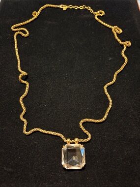 Swarovski Gold Tone Necklace with Clear Square Crystal Pendant